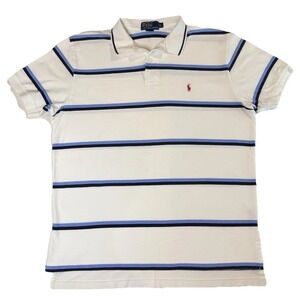 Polo Ralph Lauren Men's XL White Blue Striped Short Sleeve Polo Shirt Cotton